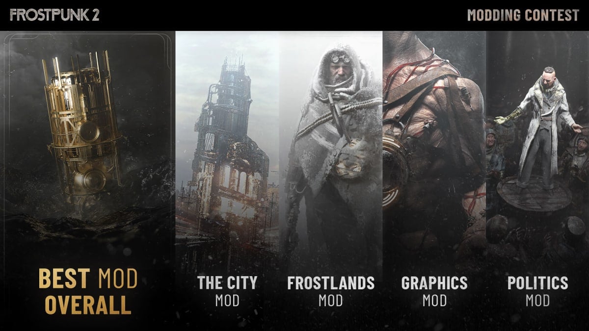 The five different areas in the Frostpunk 2 modding competition, complete with art representing them